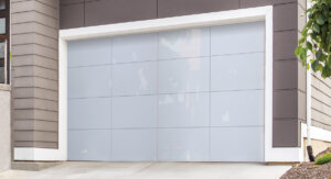 white frameless glass garage door